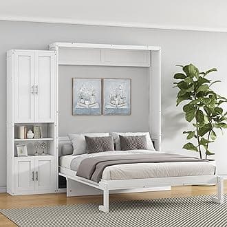SOFTSEA Full Size Murphy Bed with 1 Side Cabinet, 61.5-inch Cabinet Bed Folding Wall Bed with Desk Combo Perfect for Guest Room Study Office, White, 75450