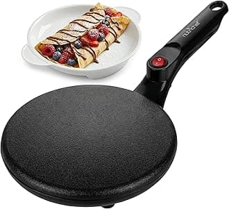 Electric Crepe Maker | 8-inch Nonstick Cooktop with On/Off Switch | Cooks Roti, Tortillas & Pancakes | Automatic Temperature Control & Cool Touch Handle | Includes Food Bowl, Whisk & Spatula