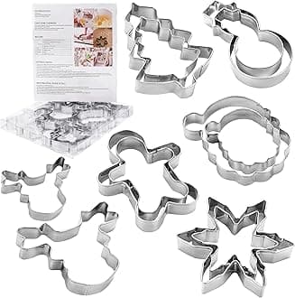 Large Christmas Cookie Cutters,4" Holiday Sturdy Molds thickened Stainless Steel with Recipe Instruction,Snowman, Christmas tree, elk, snowflake,Santa Face,Gingerbread Men for Baking.