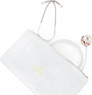 Rose Gold White Clinical Stethoscope & Case | Pediatric EMT LPN CNA & Respiratory Therapist | Length 26in | Perfect Nurse Kit | Bag Can Fit Name Tag Charms & Pen Light | White Tubing RGW