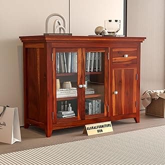 GFH Wood Kitchen Cabinet with Acrylic Glass Door, Storage Cabinet Racks, Home Kitchen Furniture, Crockery Rack, Display Unit, Wooden Chest of Drawers (Honey Finish)