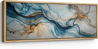 SIGNFORD Large Framed Canvas Print Wall Art Abstract Blue and Gold Marble Texture Illustrations Modern Art Calm Warm for Living Room, Bedroom, Office - 60"x20"