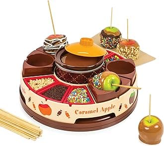 NostalgiaLazy Susan Chocolate & Caramel Apple Party with Heated Fondue Pot, 25 Sticks, Decorating and Toppings Trays, Brown
