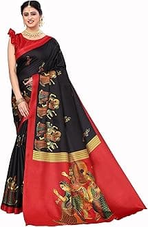 Yashika Ladies Faux Silk Sari with Blouse Navy Blue Black One Size