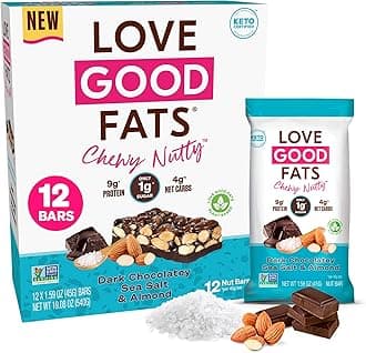 Love Good Fats Plant-Based Keto Protein Snack Bars - Dark Chocolate Sea Salt and Almonds - 13g Good Fats, 9g Protein, 4g Net Carbs, 1g Sugar, Gluten-Free, Non GMO - Dark Chocolatey Sea Salt & Almonds, 12 Pack