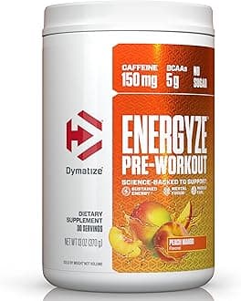 Dymatize Energyze Pre Workout Powder for Men and Women, 150mg Caffeine, 5g BCAAs, Performance Blend of L-Theanine, L-Tyrosine, L-Citrulline, No Sugar, 30 Servings, Peach Mango Flavor