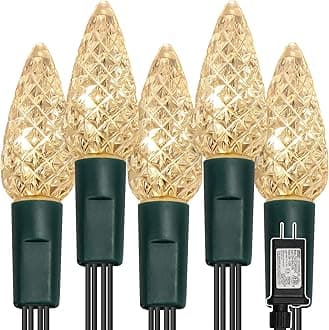 WATERGLIDE C6 Christmas Lights, 33ft 100 LED Faceted String Lights Green Wire Fairy Lights with 29V Safe Adaptor, 8 Lighting Mode, Waterproof for Indoor Outdoor Patio Xmas Tree Party Decor, Warm White