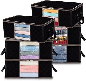 Lifewit 35L Clothes Storage Bag Foldable Storage Boxes with Lids Underbed Wardrobe Storage Organiser with Sturdy Fabric Clear Window for Clothing Bedding Sweaters T-shirts Blankets, 6 Pack, Black