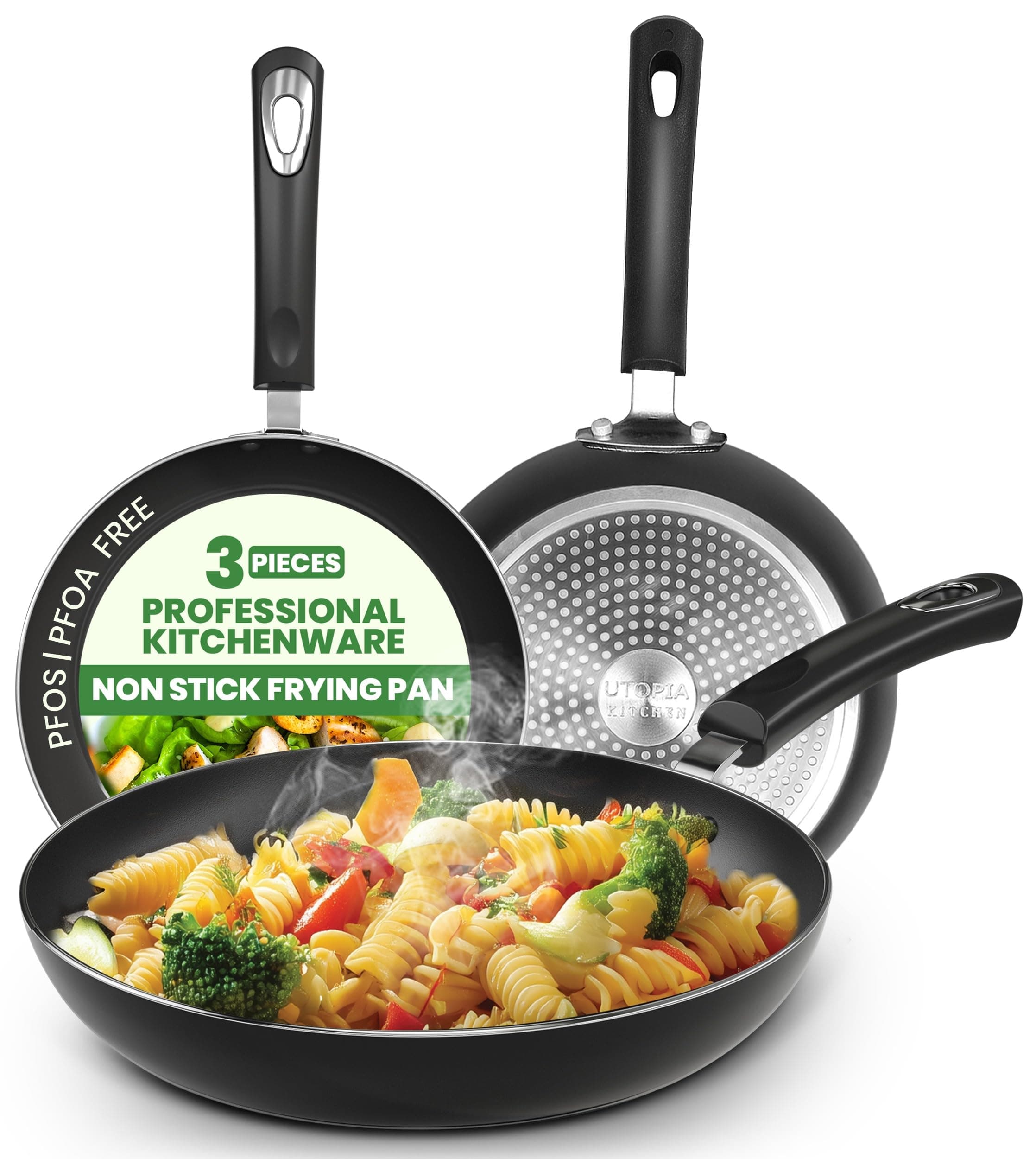 Nonstick Frying Pan Set 3 Piece Induction Bottom8 Inches 9.5 Inches and 11 Inches