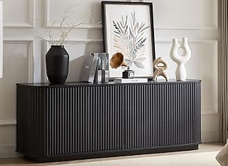 64" Sideboard Buffet Cabinet with Storage, Wooden Fluted Storage Cabinet Sideboard Credenza with Adjustable Shelves Pressed Spring for Kitchen Living Room (Black)