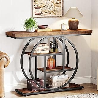 105CM Console Table, Industrial 4-Tier Sofa Entryway Table with Circle Base, Narrow Wood Accent Tables with Storage Shelves for Living Room, Hallway, Foyer, Rustic Brown