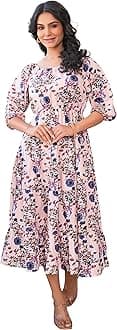 Yash Gallery Women's Rayon Floral Printed Tiered Style Maxi Dress