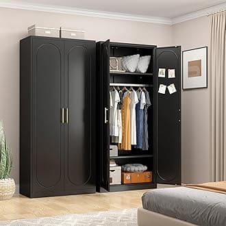 Armoire Wardrobe Closet with Doors, 71'' Wardrobe Cabinet with Hanging Rod, Metal Closet with 2 Adjustable Shelves for Bedroom School, Employee, Gym, Armarios De Ropa para Dormitorio, Black