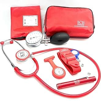 Aneroid Blood Pressure Sphygmomanometer Monitor, Stethoscope, Pen Light (Pen Torch), Tourniquet, Nurse Watch, Lanyard ID Card Holder - Starter Set (Red with Silicone Watch)