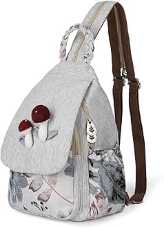 Ladys Convertible Sling Bag, Hand Craft Artisan Purse, Beautiful Mushroom Canvas Premium Casual Day Mini Backpack for women