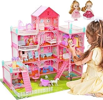 Huge Dollhouse for Girls – Large Pretend Play Doll House for Kids with Lights, Furniture & Accessories