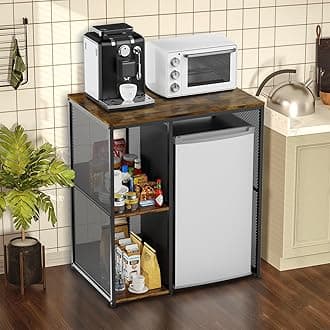 KirKical 3-Tier Mini Fridge Cabinet with Storage, Industrial Style Kitchen Microwave Stand Baker Rack, Utility Storage Shelf with Mini Fridge Space for Home Kitchen Dorm, Vintage Wood