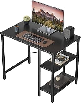 CubiCubi Small Computer Desk, 90 cm Home Office Desk with 2 Storage Shelves on Left or Right Side, Study Writing Desk with Storage Board, Black