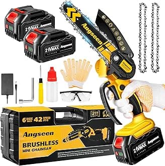 Brushless Mini Chainsaw Cordless 6 Inch, Electric Saw Battery Chainsaw Chain Saws with 2 2.0Ah Battery and 2 Super Chains (Yellow,4000+4000mAh)
