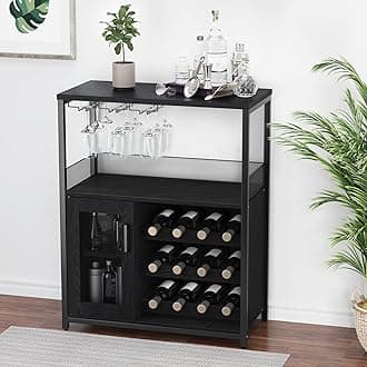3-Tier Wine Bar Cabinet with Detachable Wine Rack and Storage Space, Buffet Cabinet with Glass Holder and Mesh Door, for Kitchen, Living Room and Bar (Black)