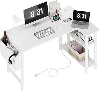White L Shaped Computer Desk with Power Outlet Shelves, 40 Inch Small Corner Desk for Small Space Home Office, L-Shaped Desk PC Desks, White