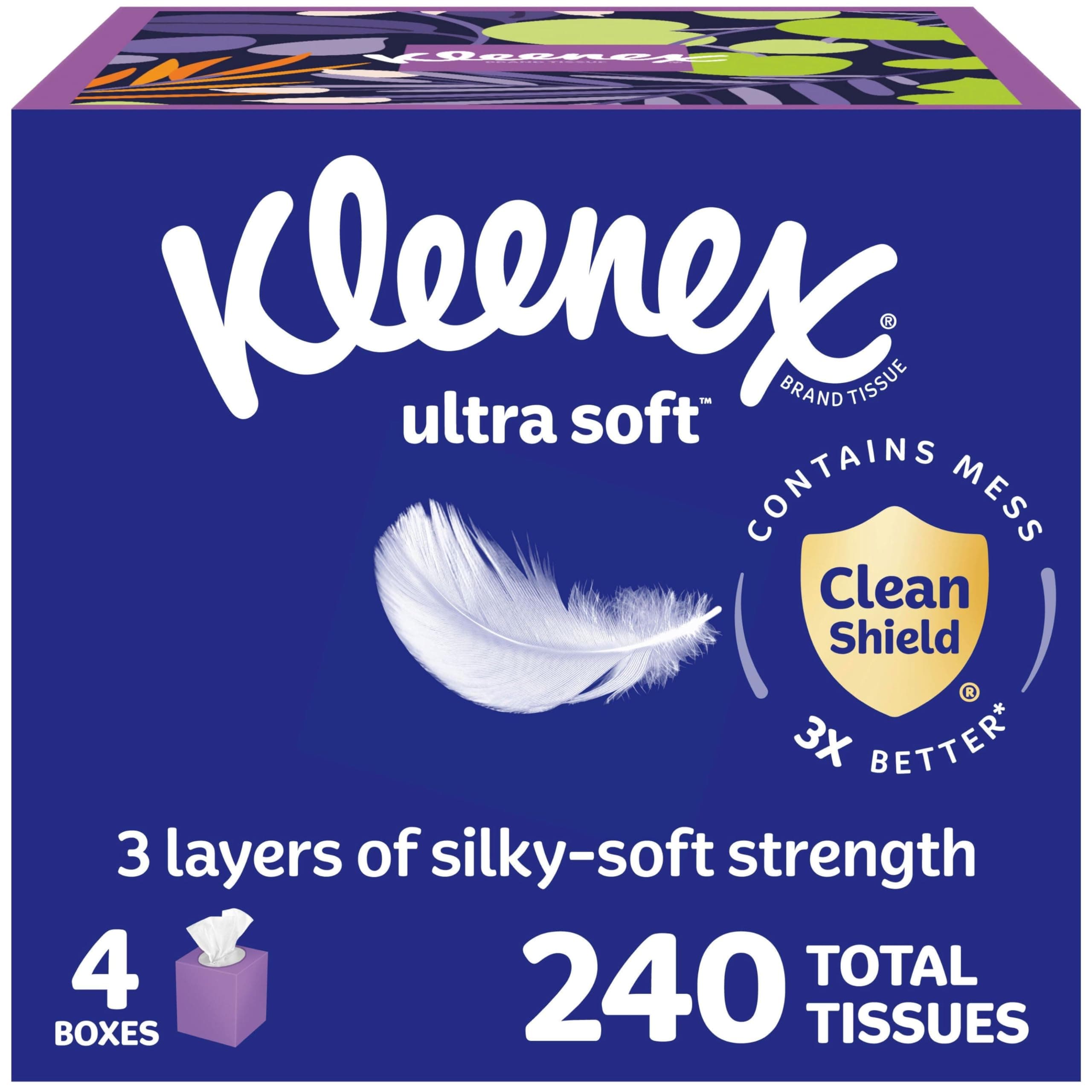 Ultra Soft Facial Tissues, 4 Cube Boxes, 60 Tissues per Box, 3-Ply (240 Total), Packaging May Vary