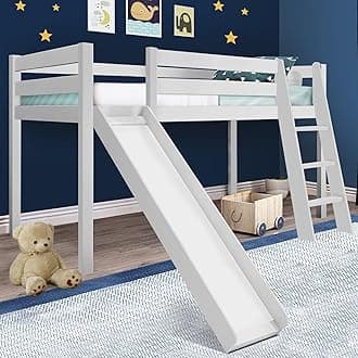 Bunk Beds For Kids, 3ft Single Bunk Bed, Kids Cabin Bed Mid Sleeper Solid Pine Wood Single Bed Frame With Slide, Loft Sleeper Bed Frame Kids Children, White 198(L) X 97(W) X 110cm(H)