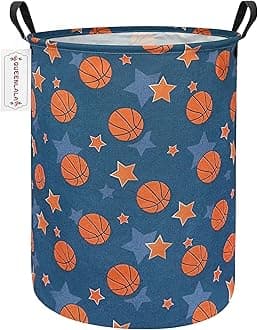 QUEENLALA Large Storage Basket,Laundry Hamper/Bathroom/Home Decor/Collapsible Round Storage Bin,Boys and Girls Hamper/Boxes/Clothing(Round-Basketball)