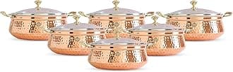 Indian Art Villa Steel Copper Hammered Design Handi/Bowl/Casserole with Toughened Glass Lid & Brass Knob & Handles, Volume-1300 ml, Pack of 6
