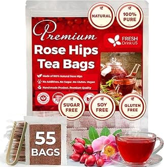 FreshDrinkUS, Premium 55 Rosehip Tea Bags, 100% Natural & Pure from Rose Hip Fruits. Loose Rosehip Herbal Tea. Made with Natural Material Tea Bags. No Sugar, No Caffeine, No Gluten, Vegan.