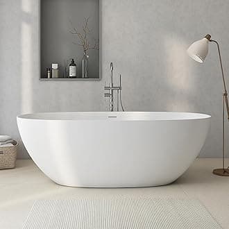 67 Inch Stone Resin Freestanding Bathtub, Contemporary Oval Stand Alone Soaking Tubs, Solid Surface Free Standing Tub with Drain & Integrated Slotted Overflow 333-170