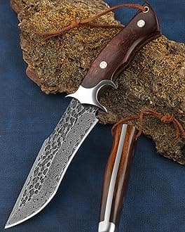 Omeiso Damascus Hunting Knife with Leather Sheath, 10.04'' Full Tang EDC Fixed Blade, Damascus Steel Camping Survival Bushcraft Knife with Wood Handle