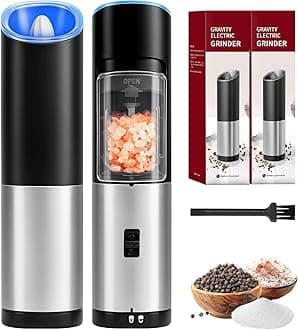 Simple Deluxe Stainless Steel Gravity Electric Salt & Pepper Grinder Set, Battery Powered with Blue LED Light, Adjustable Coarseness, One Hand Automatic Operation, Silver