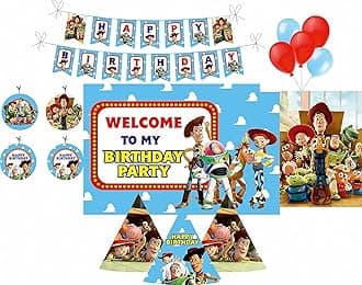 - PRETTY UR PARTY Toy Story Party decorations Kit - 70 pcs includes Banner, bunting, balloons, centerpiece, danglers, Toy Story Party Supplies, Birthday Decor, DIY Décor Pack for kids