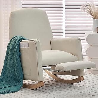 Modern Rocking Chair Nursery, Comfy Glider Nursery Chair with Foot Rest, Upholstered Rocker with Pocket, Accent Reading Armchair with Solid Wood Base for Living Room, Bedroom, Lounge Room (Beige)