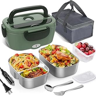 Vabaso Electric Lunch Box for Adults, 80W 1.5L Heated Lunch Box Portable Food Warmer Lunch Box for Work/Men/Car/Truck with 2 304 Stainless Steel Container, 110V/12V/24V
