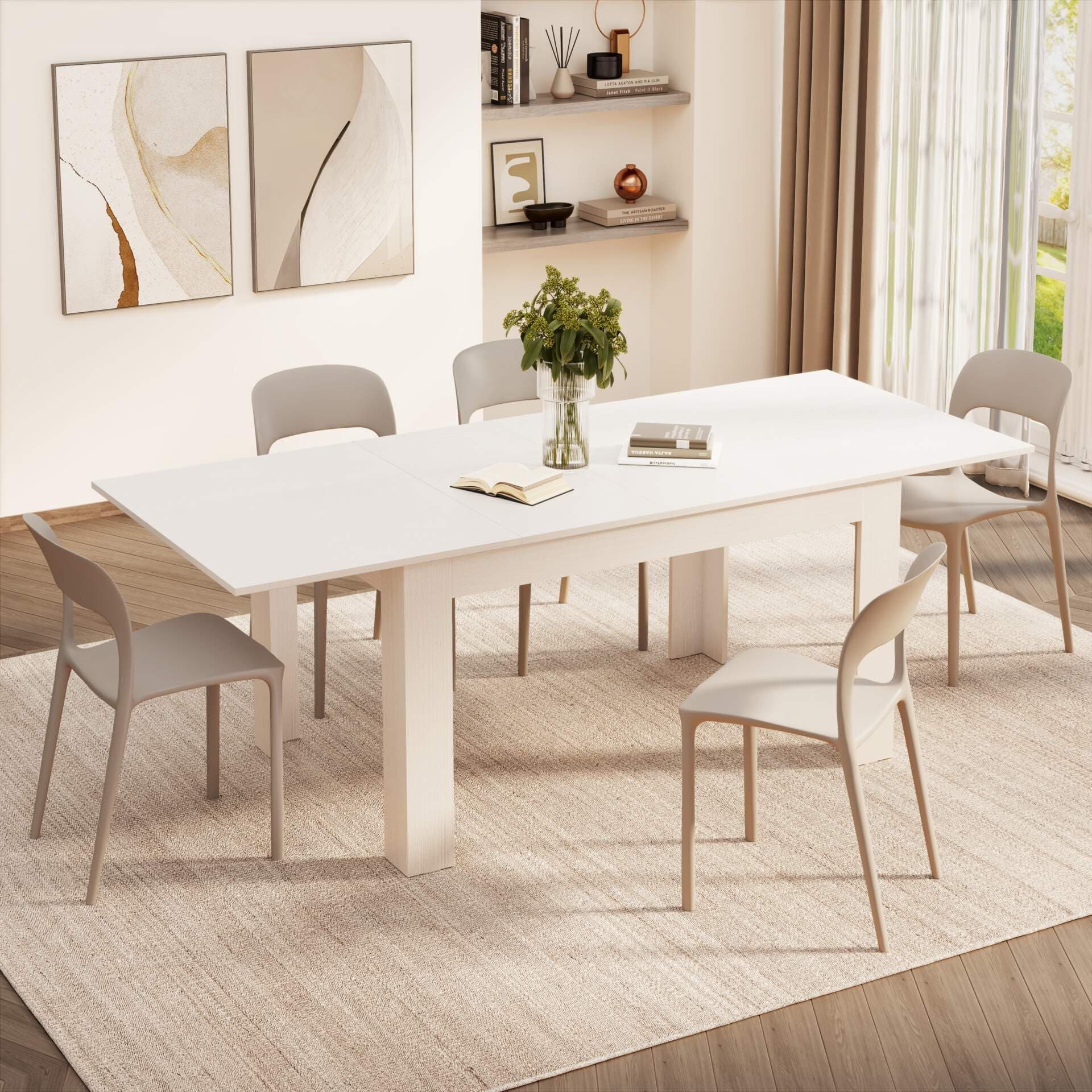 Mobili Fiver, Easy, Extendable Dining Table, 55.1(86.6) x35.4 in, Ashwood White, Made in Italy