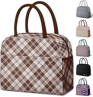 DALINDALunch Bag Lunch Box for Women Men Reusable Insulated Cooler Lunch Tote Bags, Leakproof Cute LunchBag Large Capacity for Work Travel Picnic,Brown Grid