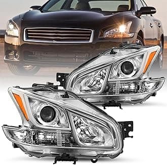 JSBOYAT Halogen Headlight Assembly Replacement for 2009-2014 Nissan Maxima 4-Door Sedan Headlamp Driver and Passenger Side (Chrome Housing with Amber Reflector) – Not for HID