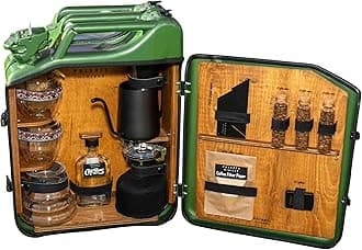 Jerry Can Brewed Coffee Set, Customized Gift Box, V60 Dripper, Double Walled Cup, Cafe Grinder, Handmade Travel Kit, Birthday Gift (Military Green)