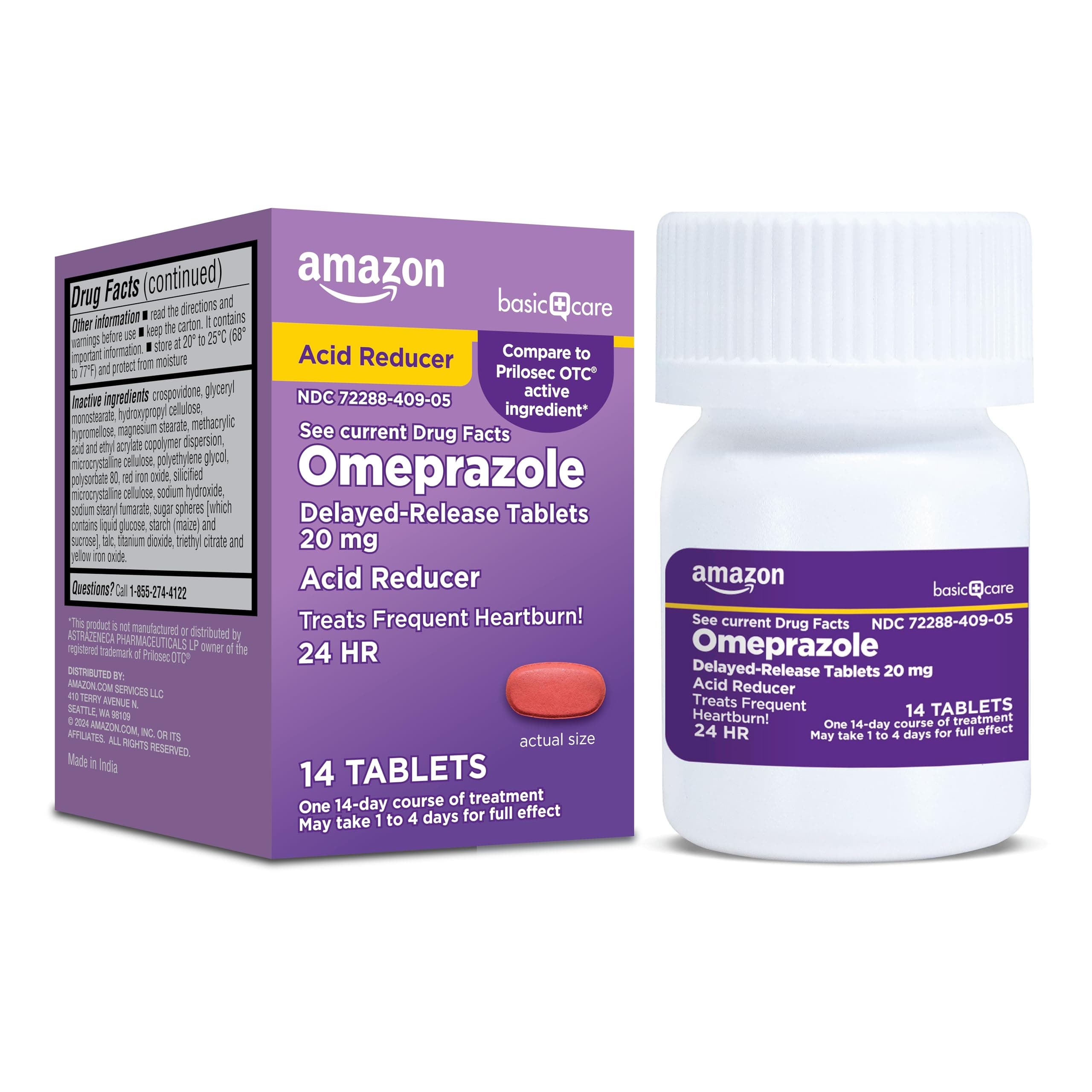 Amazon Basic Care Omeprazole Delayed Release Tablets 20 mg, Acid Reducer, 14 Count