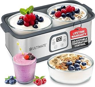 Ultimate Probiotic Yogurt Maker with Adjustable Time & Temp Control - Make Trillions of Live Probiotics with Two 1-Quart Containers for Larger Batches - Greek Yogurt Maker - ULTIMATE LIFETIME WARRANTY