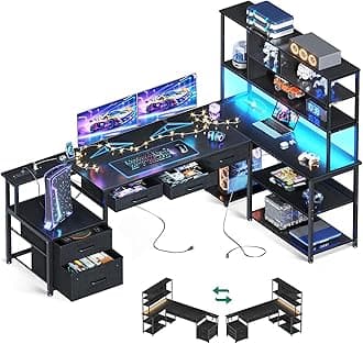 79 inch L Shaped Desk with 5 Drawers, Reversible L Shaped Gaming Desk with LED Light & 2 Power Outlets, Computer Desk with Storage Shelves for Home Office, Black