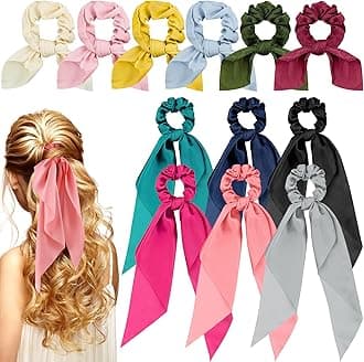 MTLEE 12 Pcs Hair Accessories for Women Hair Bows Scrunchies Scarf Ties Bunny Ears Silk Satin Scrunchies Ribbons Scarf Ties with Bows for Women Lady(Fresh Color)