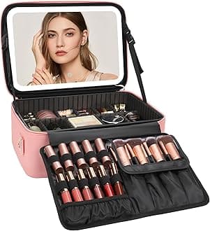 RelavelMakeup Case Large Makeup Bag Professional Train Case 16.5 inches Travel Cosmetic Organizer Brush Holder Waterproof Makeup Artist Storage Box, 3 Layer Large, with led mirror pink 2, L, Makeup