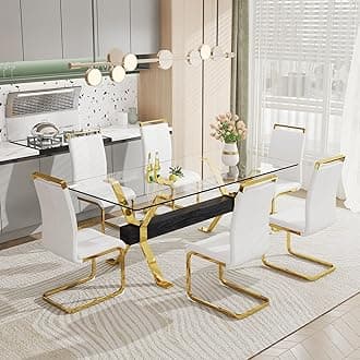 Pvillez Glass Dining Table Set for 6, 7 Piece Dining Room Table Set, 78" Modern Large Glass Kitchen & Dining Room Table w/Golden Metal Legs and Black MDF Crossbars & 6 White PU Leather Dining Chairs