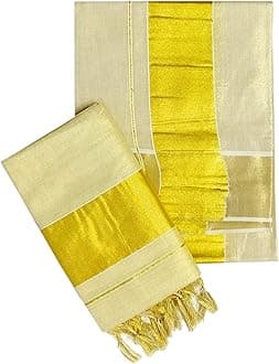 Women's Kerala Traditional Flora Tissue Kasavu Set Mundu with Flora Jari Border 2.00x2.80 Meters (FLORA PLAIN BORDER)