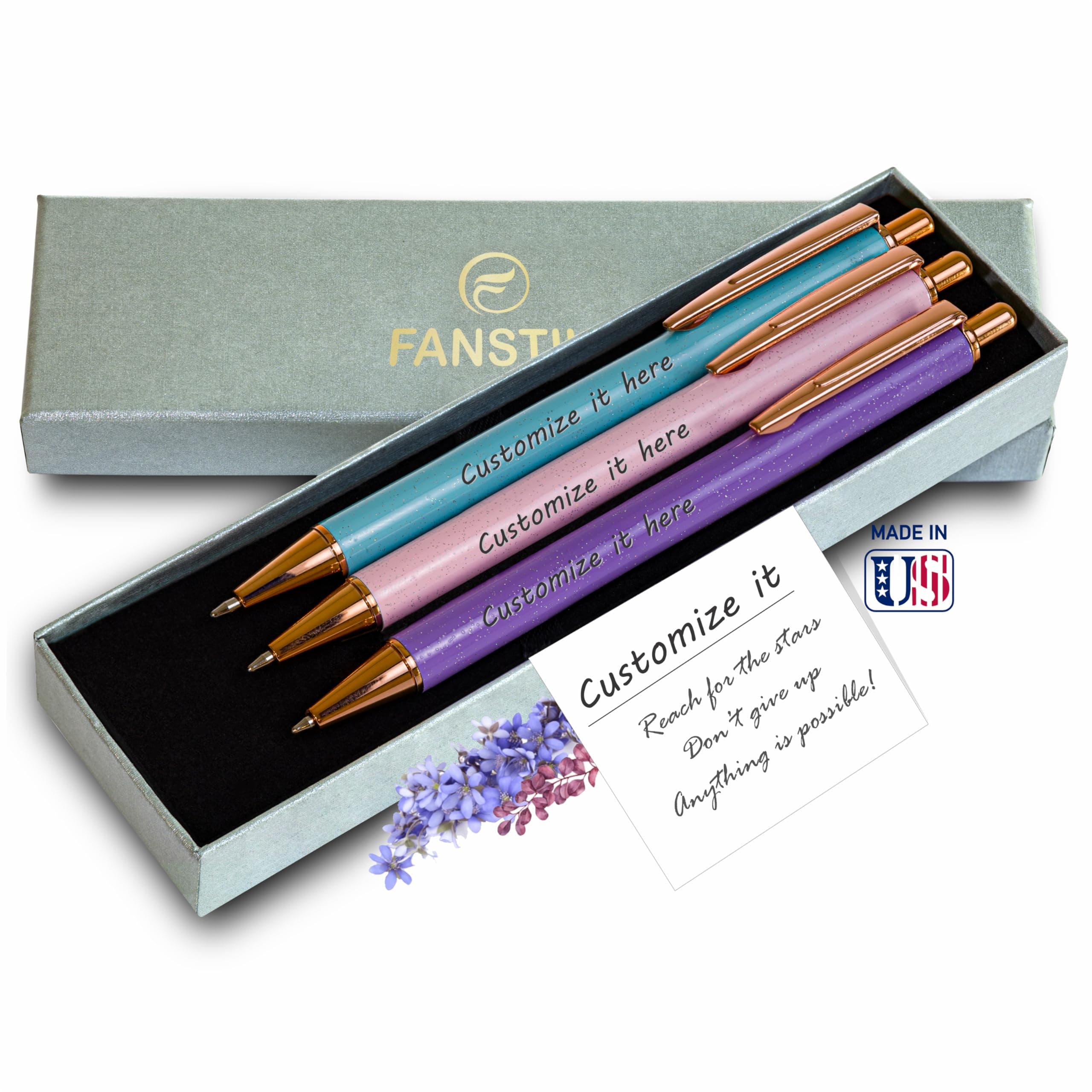 Customized BallPoint 3-pack pens set with name (MADE IN USA), Fancy Pen Set for Women, Thank you gift for woman, Luxury engraved pens personalized for women, (BallPoint Fancy Set)
