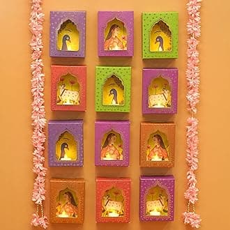 Deep Dwar Diwali Jharokha Lamps Set of 12 with LED Diyas | Festive Decor | Wall Decor | Traditional Jharokha Box | DIY Craft | Perfect for Diwali Decorations & Balcony (Set of 12)
