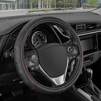 GripDrive Faux Black Leather Steering Wheel Cover for Car Truck Van SUV, Small 14 inch Size, Red Accent Stitched Car Steering Wheel Cover Vehicle & Auto Accessories